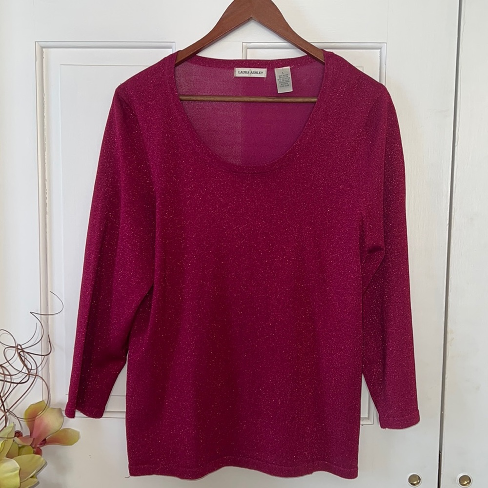 LAURA ASHLEY Raspberry Pink Shimmer/Sparkle Scoop Neck Top Sz. Large~Like New!